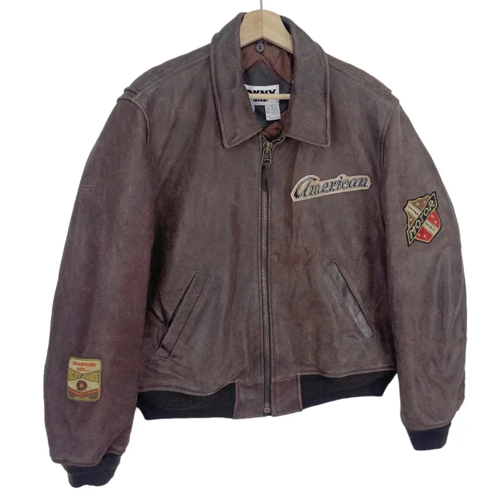 DKNY Jeans Vintage Leather Bomber Jacket Brown American Motor Patches Sz S